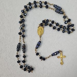 Gold Cross Rosary Necklace with Dark Blue Beads